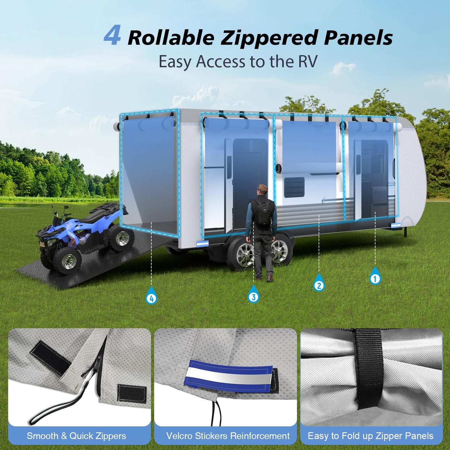 RV Cover 30-33ft, 7 Layers Heavy Duty Travel Trailer Cover, Weatherproof & UV Resistant Camper Cover with 10 Windproof Straps, 4 Tire Covers, Storage Bag, Gutter & Tongue Jack Covers