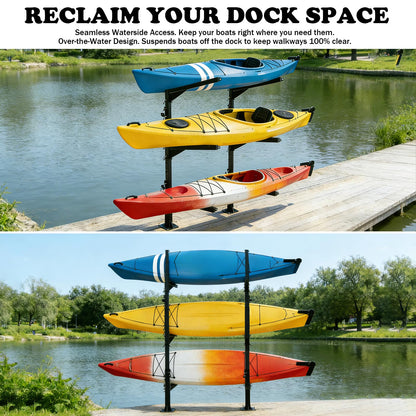 LAJIAOZ Heavy Duty Kayak Storage Rack for Dock/Garage, Adjustable Freestanding Kayak Stand or Wall Mount Kayak Rack, 3-Tier Indoor Outdoor Canoe Storage Rack for 3-4 Kayaks, SUP & Paddleboard
