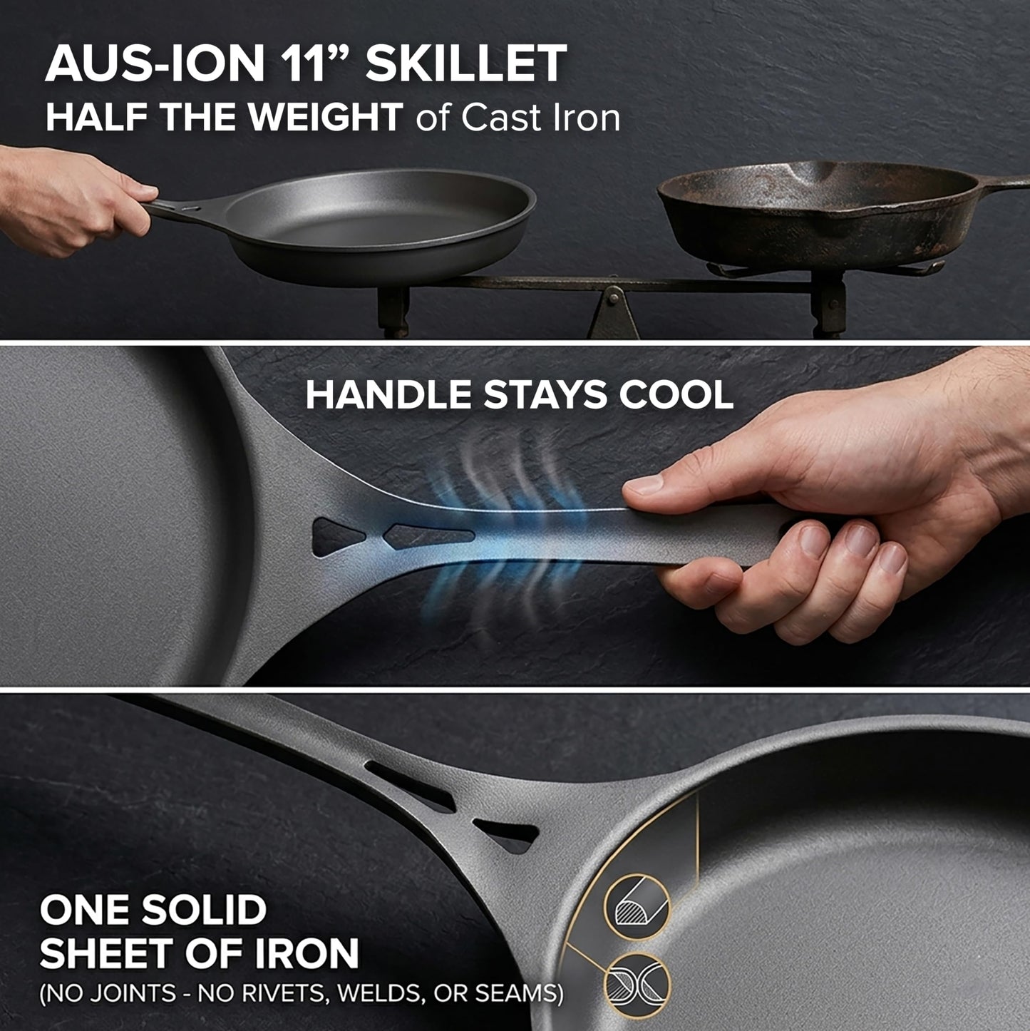 SOLIDTEKNICS 11" Outdoor Skillet Set – Naturally Seasoned Australian Iron Skillet with Stainless Steel Flipper & Mini Pan Scraper Camping Cookware for Grill, Smoker, Fire Pit & Campfire Cooking