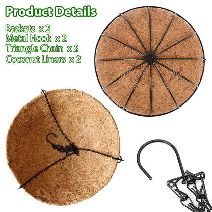 LCHUANG Hanging Baskets Planter for Plants - 2 Pack 10 Inch Metal Baskets with Coco Coir Liner, Hanging Flower Pots for Outside with Chain, Indoor Outdoor Garden Porch Decoration (10'' Pack of 2)