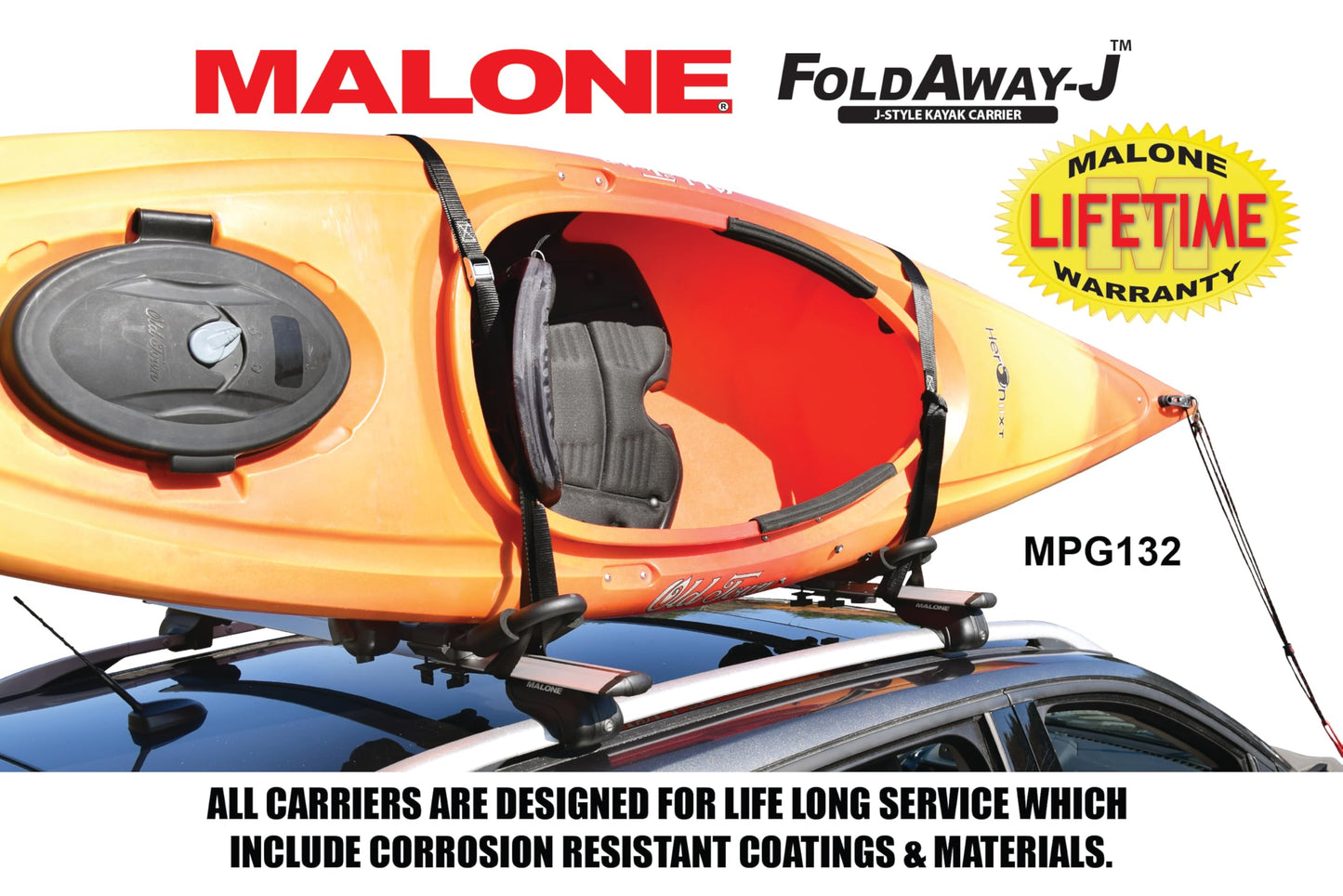 Malone Foldaway-J™ Kayak Rack Carrier, Single, Universal Fit, Tool Free Install, 75 lb Capacity, Limited, USA (MPG132)