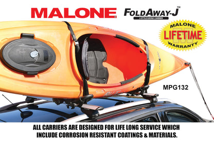 Malone Foldaway-J™ Kayak Rack Carrier, Single, Universal Fit, Tool Free Install, 75 lb Capacity, Limited, USA (MPG132)