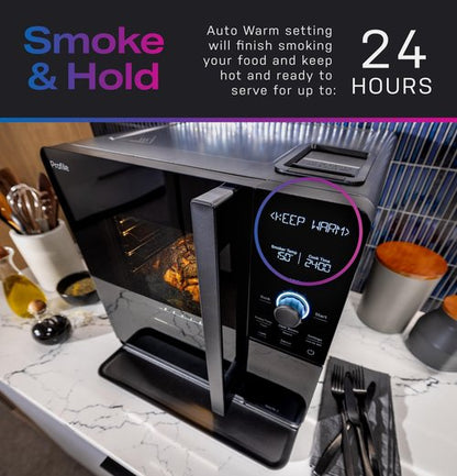 GE Profile™ Smart Indoor Pellet Smoker + Accessories Bundle, Includes Four 1lb Bag, Strainer, 20-pack of Drip Pan Liners, and Prep Tray, Stainless Steel, Carbon Black