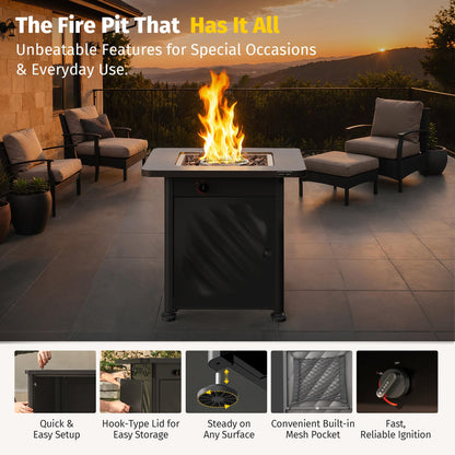 East Oak 28” Outdoor Propane Fire Pit Table | 52,000 BTU Gas Fire Pit for 2-4 People with Space-Saving Hock Lid, Mesh Pocket & Lava Rocks | CSA Certified Safe for Patio, Deck, Backyard, Black