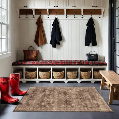 Boho Taupe Brown 3x5 Area Rug - Modern Vintage Washable Non-Slip Entryway Mat for Indoor Use