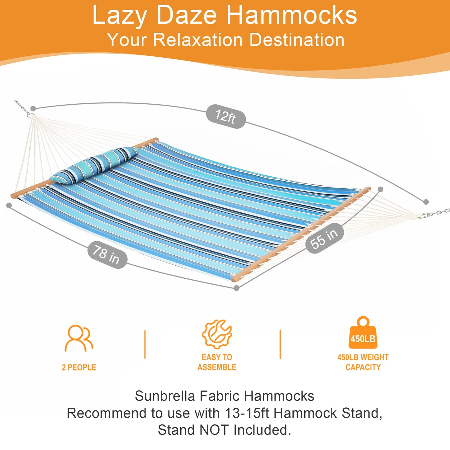 Lazy Daze Hammocks 12 FT Sunbrella Fabric Hammock Non-Fading with Spreader Bars and Free Pillow Fits for 2 Persons, All Weather and Fade Resistant for Patio Yard, 450 lbs Capacity, Dolce Oasis