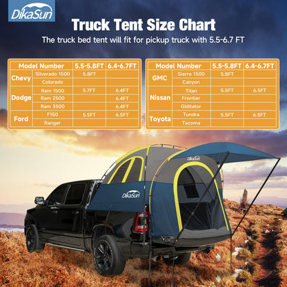 Truck Bed Tent, Double Layer Truck Tent 6.4-6.7 Ft, Waterproof PU3000mm Tear-Resistant Pickup Tent for 2 Person Camping and Outdoor with Awning（Cyan）