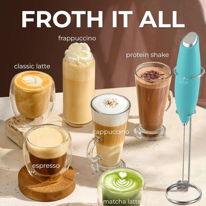 Zulay Kitchen Tornado Triple Whisk Milk Frother - Handheld Foam Maker for Coffee & Lattes - Turquoise