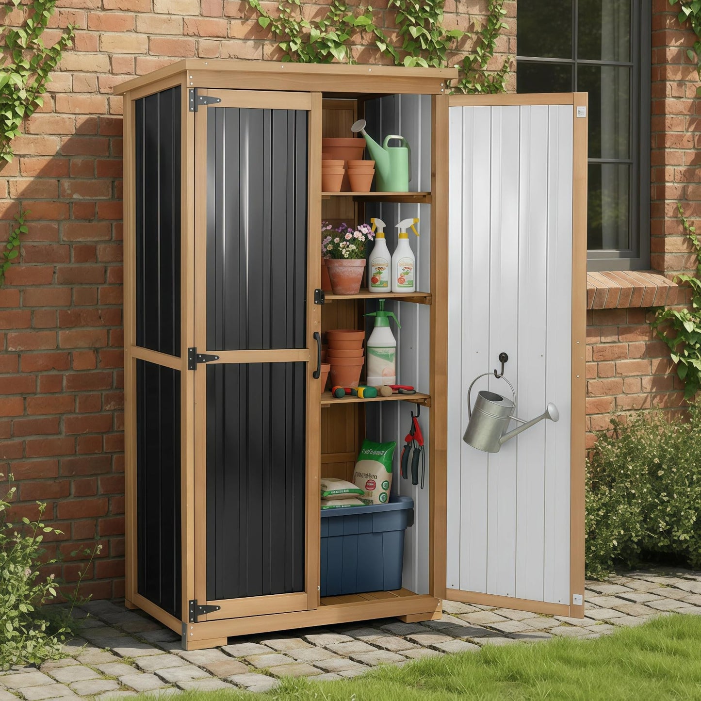 Outdoor Storage Cabinet Waterproof with Shelves, Small Storage Shed, Vertical Tall Patio Backyard Garden Storage Cabinet Tool Organizer for Outside