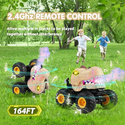 DYODYORC Remote Control Car 2.4Ghz All Terrain Dinosaur Monster Truck Toys RC Truck with Spay Music 3 Lighting Effects Stunt Capable Toy Gifts for Boys and Girls (Beige)
