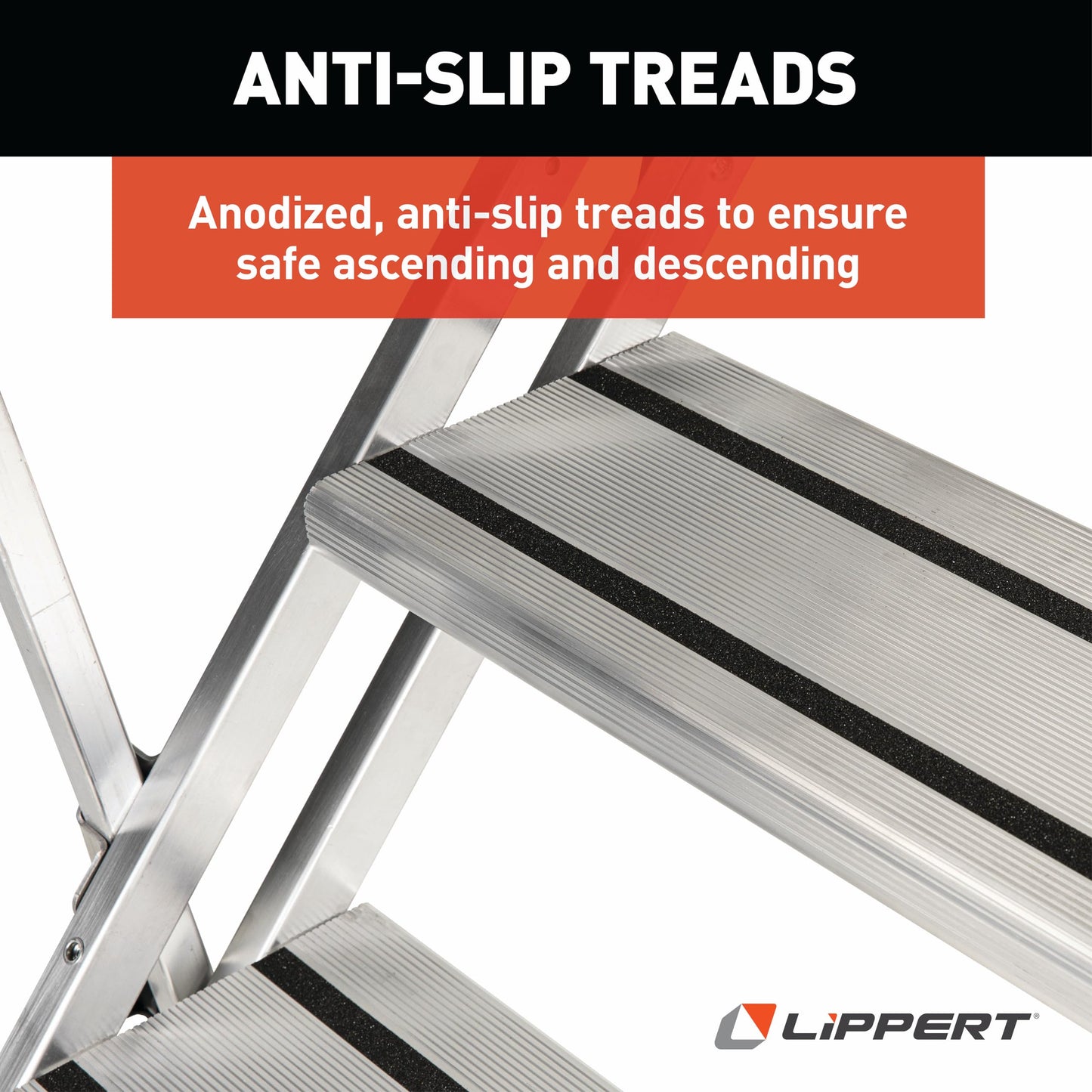 Lippert Victory Step Triple RV Steps for Toy Hauler Patio Systems with Entry Assist Handrail, 300-lb. Weight Capacity, 8" Rise, Anti-Slip Treads, Adjustable Legs/Step Pitch, Easy Storage - 2023024500