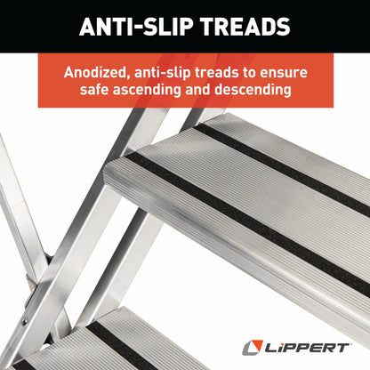 Lippert Victory Step Triple RV Steps for Toy Hauler Patio Systems with Entry Assist Handrail, 300-lb. Weight Capacity, 8" Rise, Anti-Slip Treads, Adjustable Legs/Step Pitch, Easy Storage - 2023024500