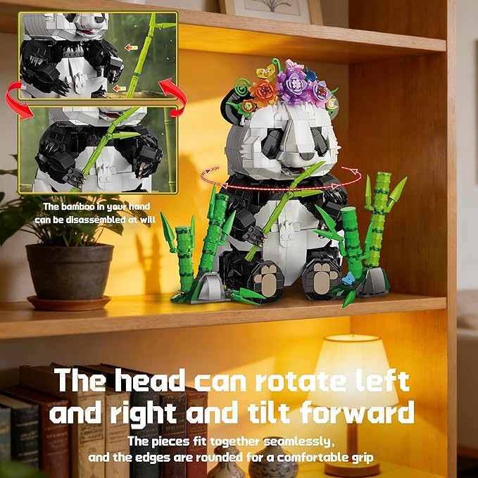 Panda Building Set with Flowers &amp Bamboo for Adults Compatible with Lego Wild Animals Movable Arms and Head Collectible Model Home Decor Gift for Teens Boy Girl