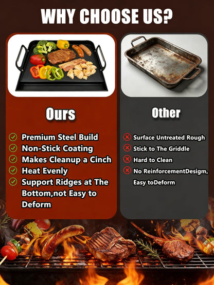 2026 Advanced Portable Steel Griddle, Griddle for Gas Grill, Non-Stick Coating, Universal Flat Top for Gas Grill/Stove/Oven/Campfire, Ergonomic Handle & Easy Clean for Outdoor BBQ & Camping, 23"x16"