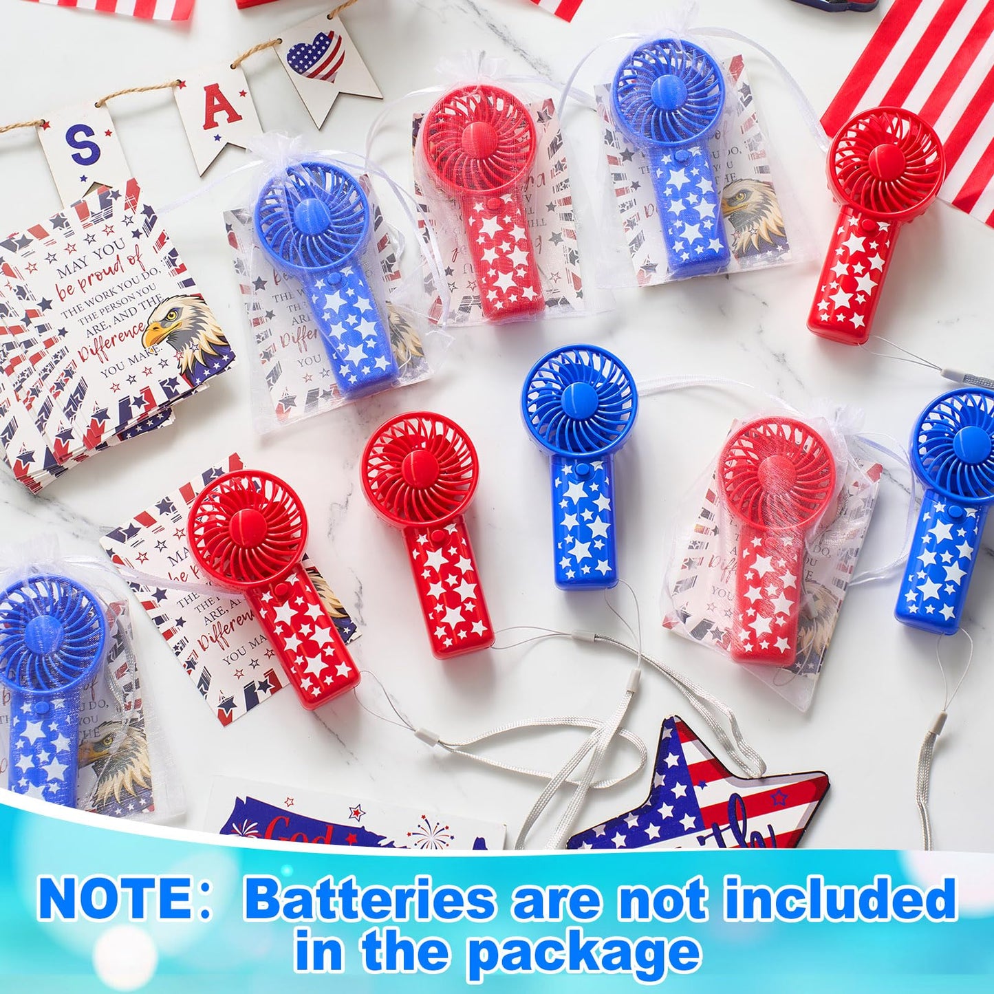 Rossesay 50 Set 4th of July Mini Portable Fans Red White Blue Patriotic Handheld Fans Bulk with Thank You Cards Organza Bags for Summer Independence Day Party Favors, Battery Not Include