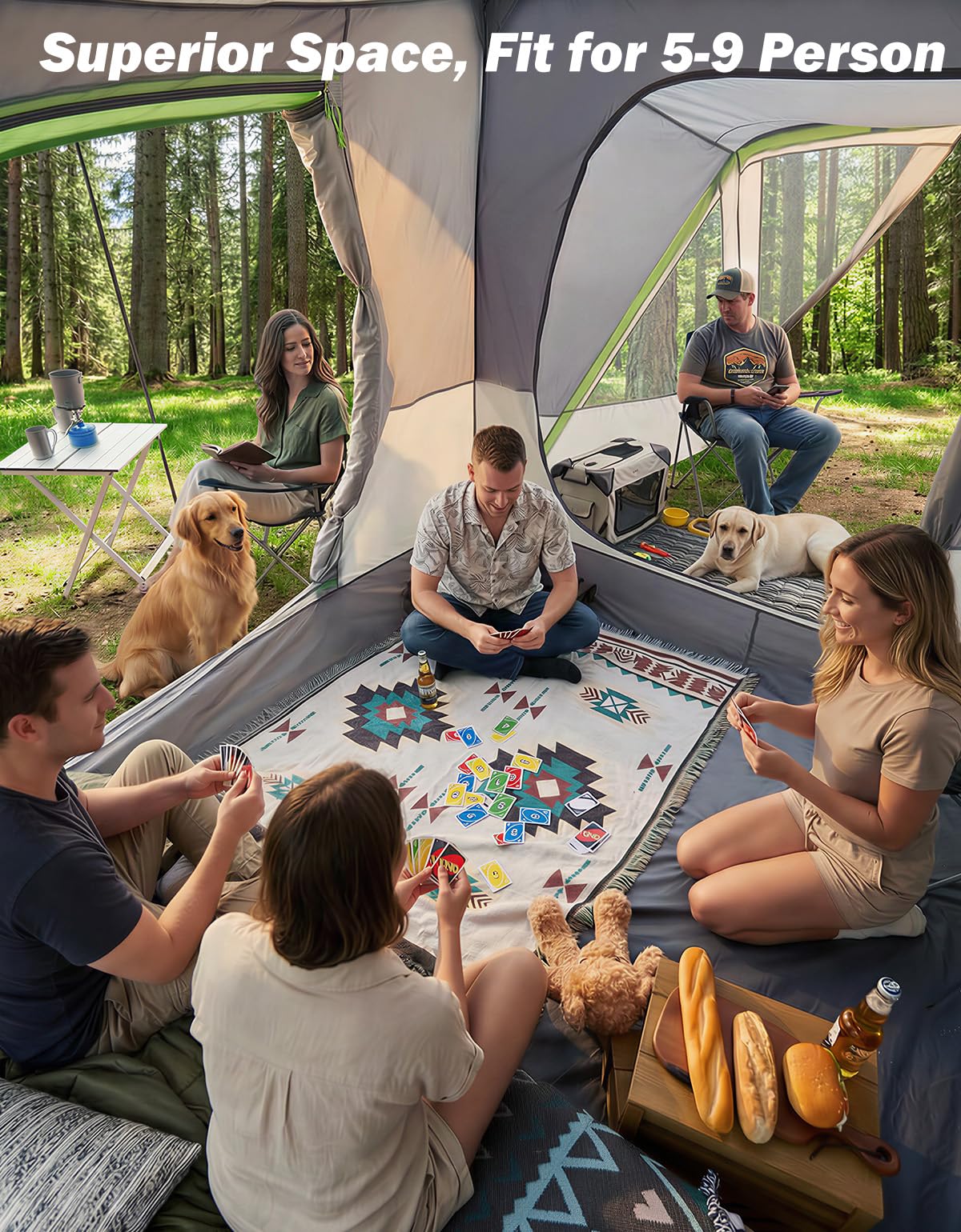 JOYTUTUS SUV Tent with 2 Rooms, Rainfly & Awning for Family Camping, 60% More Space Car Tent for 5-9 Person, Dual-Use for SUV or Ground Camping Tent with Screen Porch, Double Door,Mesh Roof