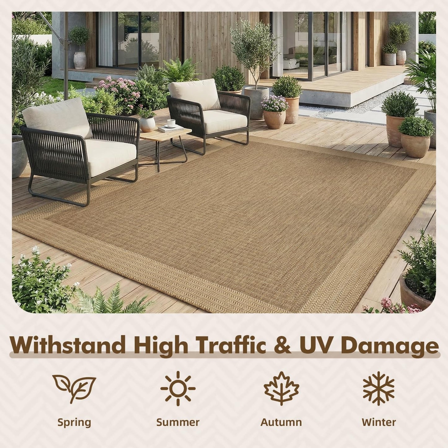 MontVoo-Outdoor Rug-Patio Rug 8x10 ft Polypropylene Indoor Outdoor Rugs Outdoor Carpet for Patio Deck Balcony Porch, Textured Weave, Durable for High Traffic, Fade-Resistant, Modern Neutral Brown