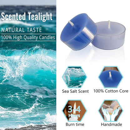 Blue Ombre Tea Lights Candle Set of 24, Sea Salt Scented Tealight Candles, Handmade Tea Candles, Long Burning Tealights for Romantic Wedding Home Decor Gift