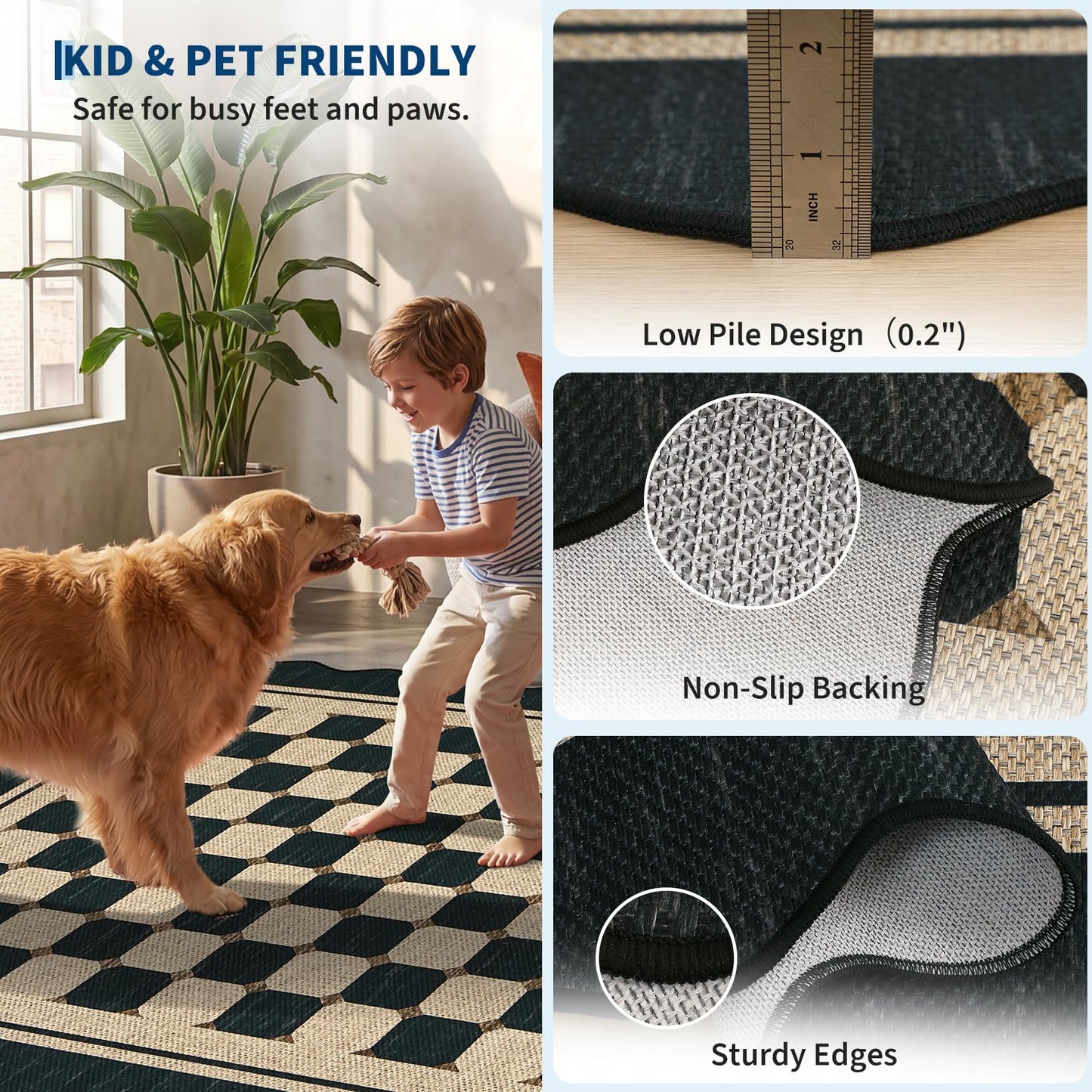 Garvee Easy Jute 9x12 Large Area Rug for Living Room Scalloped Checkered Black Indoor Outdoor Rugs Non Slip Low Pile Patio Outdoor Rugs Washable Carpet for Porch Bedroom Living Room Backyard, 9'x12'