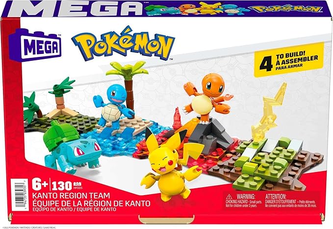 MEGA Pokémon Building Toys Set Kanto Region Team with 130 Pieces 4 Poseable and Articulated Characters 2 Inches Tall for Kids