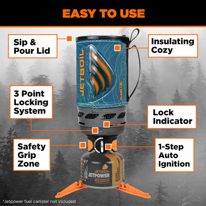 Jetboil Flash 1.0L Portable Fast Boil Stove for Camping and Backpacking with 1-Step Auto Ignition, Propane/Isobutane Burner with Cooking Cup, Ocean Topo