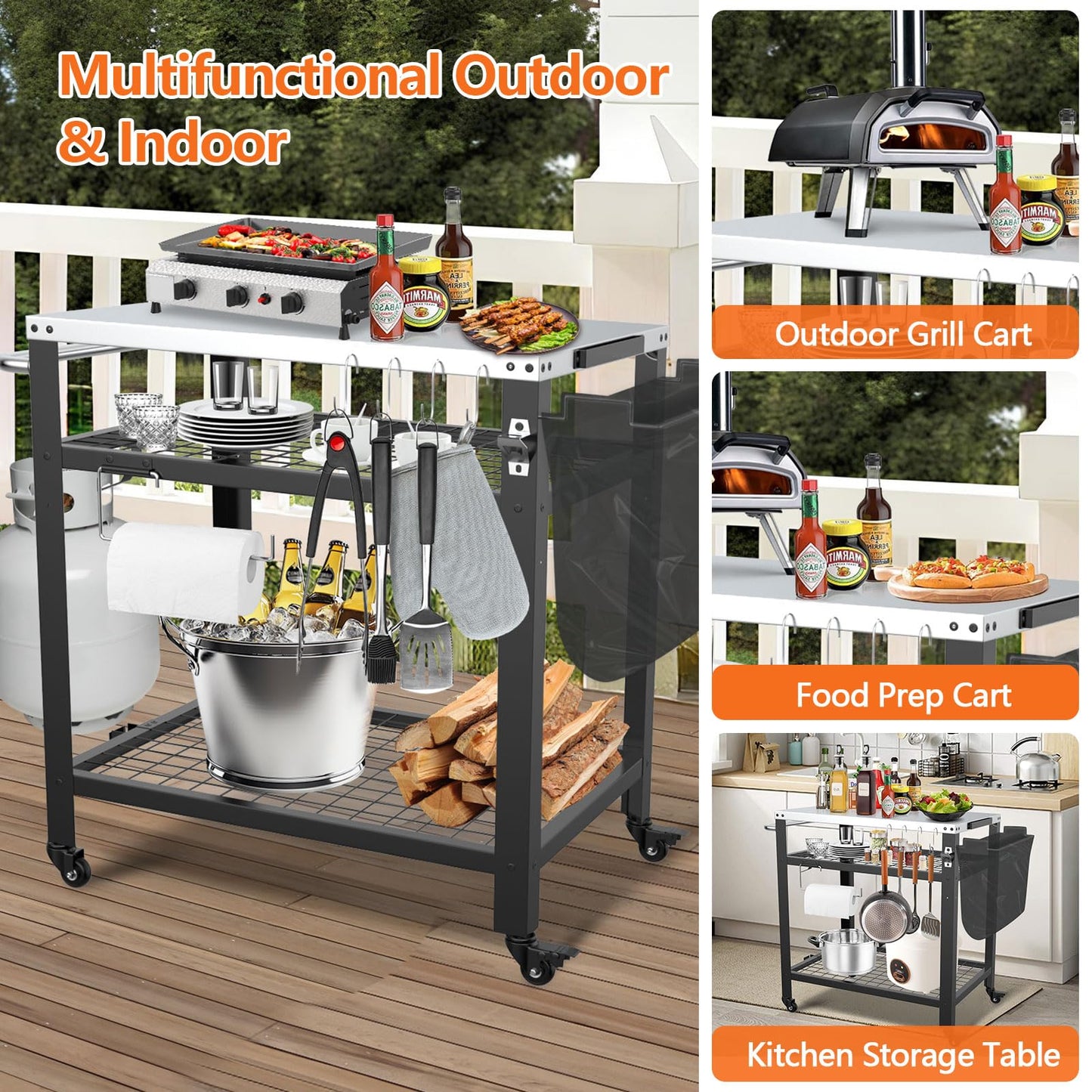 M METERXITY Stainless Steel Pizza Oven Table for Ooni, 650lbs Outdoor Grill Cart with Wheels and Handle, 32"x 24" Three-Shelf Food Prep Cart for Griddle, Movable Outdoor Pizza Cart