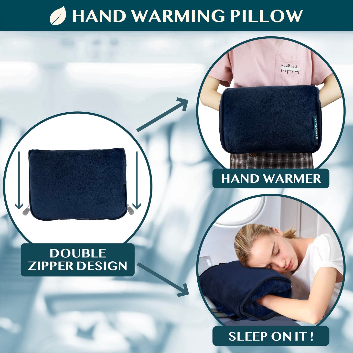 PAVILIA Travel Blanket Pillow, Soft Airplane Blanket 2-IN-1 Combo Set, Plane Blanket Compact Packable, Flight Essentials Car Pillow, Travelers Gifts Accessories Luggage Backpack Strap, 60x43 Navy Blue