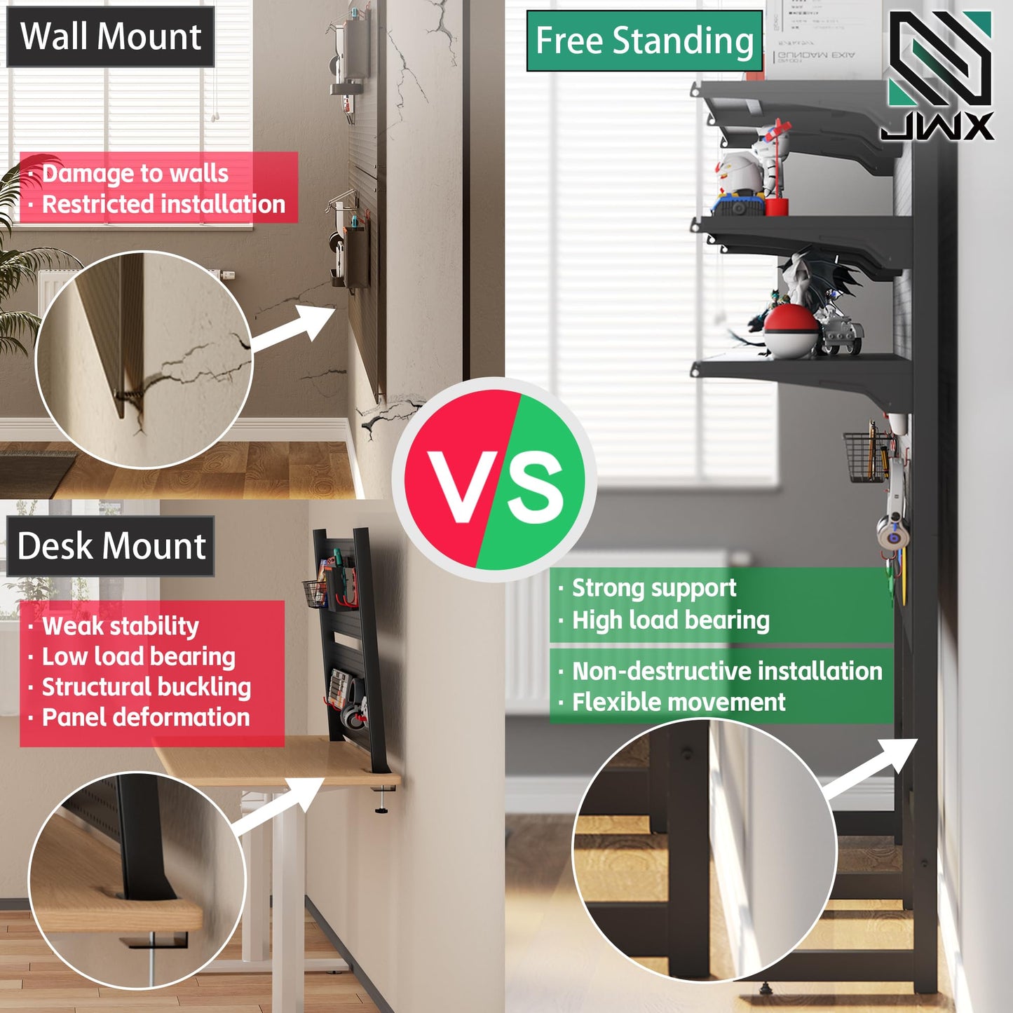 JWX DDB Gaming Standing Shelf Units, 30‘’ Free Standing Gaming Shelf Pegboard Cabinet with Home Office Metal Pegboard and 15 Pieces Organizer Tool Holders
