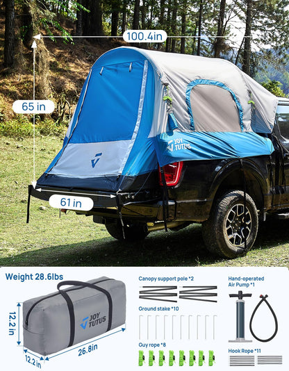 JOYTUTUS Inflatable Truck Bed Tent 6.5FT with Awning, Includes Air Pump for Quick 30 S Setup, Dual-use Pickup or Camping Tent for 2 Person, Waterproof Roof Shade and 3 Windows, Gray Blue