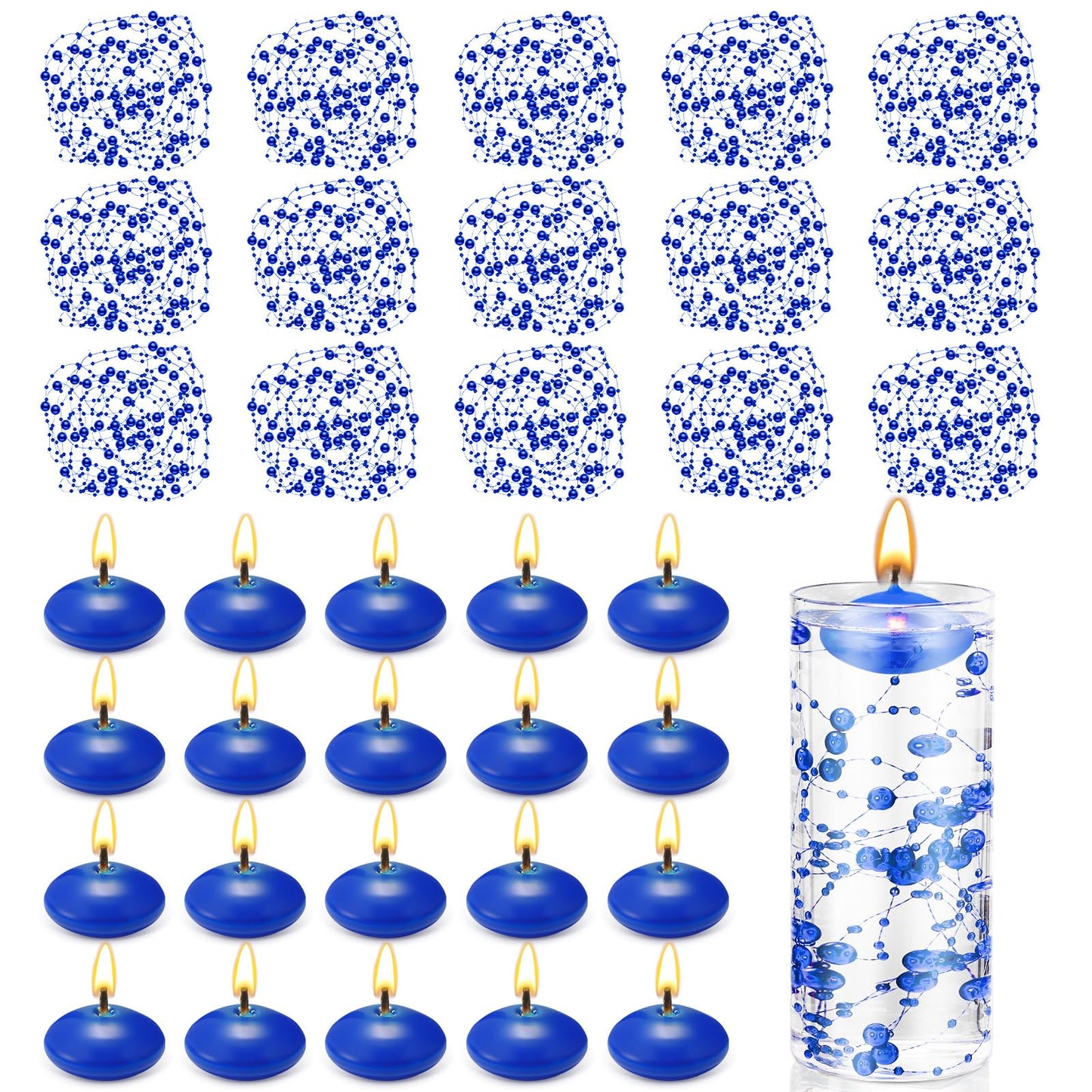 Fumete 40 Pcs Blue Floating Candles Pearl Strings for Centerpieces Small Unscented Floating Candles Vase Fillers Table Decoration for Meditation, Spa, Swimming Pool Party, Wedding Dining Table Decor
