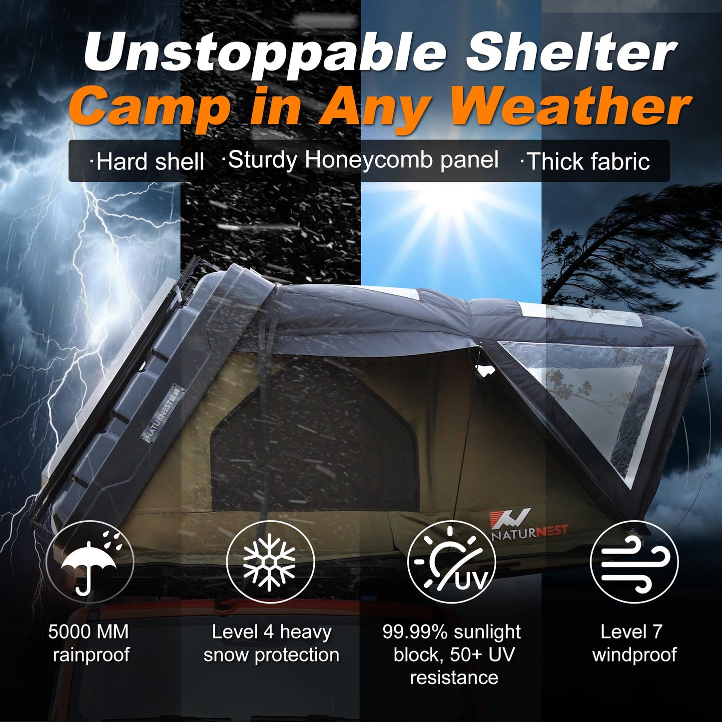 Naturnest Rooftop Tent Hard Shell, Easy Set Up Pop Up Large Tent for 2-3 Person Camping, Waterproof UV-Resistant Blackout 4 Season Tents for Truck, Jeep, SUV, Van, Trailer - Sirius 1 Plus