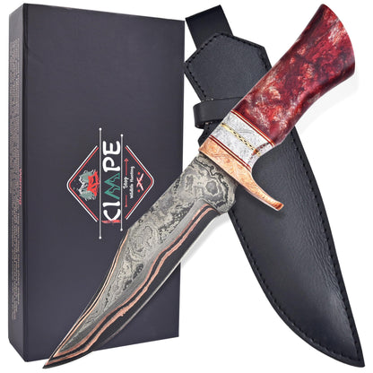 KIMPE Handmade Copper Damascus Hunting Knife – 11.5” Fixed Blade Bushcraft Knife with Engraved Guard, Resin Handle, Full Tang, Leather Sheath – Outdoor Survival, Camping & Gift Knife.