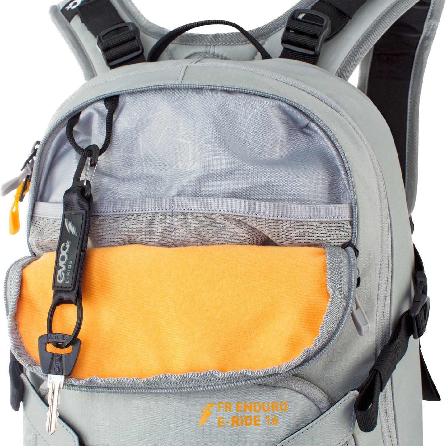 EVOC FR ENDURO E-Ride 16 E-Bike Backpack, Bike Rucksack (Padded Compartment for Spare Battery, Belt Fixing System, Control Display Pocket, Liteshield Back Protector), Stone Grey/Light Orange
