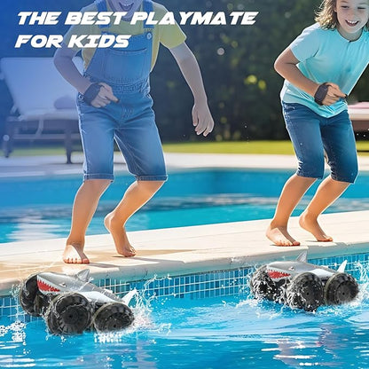 SIMREX Shark Amphibious Remote Control Car - Gift for Kids Boys Girls 4WD Waterproof RC Car 360° Stunt Dual Remote Control 50m Long Range 2 Rechargeable Batteries (Silver)