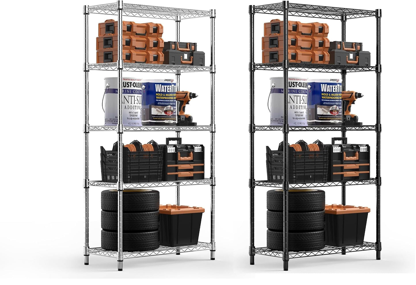 M MZG 2 PCS Storage Shelving Utility Shelving Unit 5-Tier Utility Shelving Unit Steel Organizer Wire Rack for Home,Kitchen,Office (13.7" D x 23.6" W x 62.4" H) (Black+Chrome)