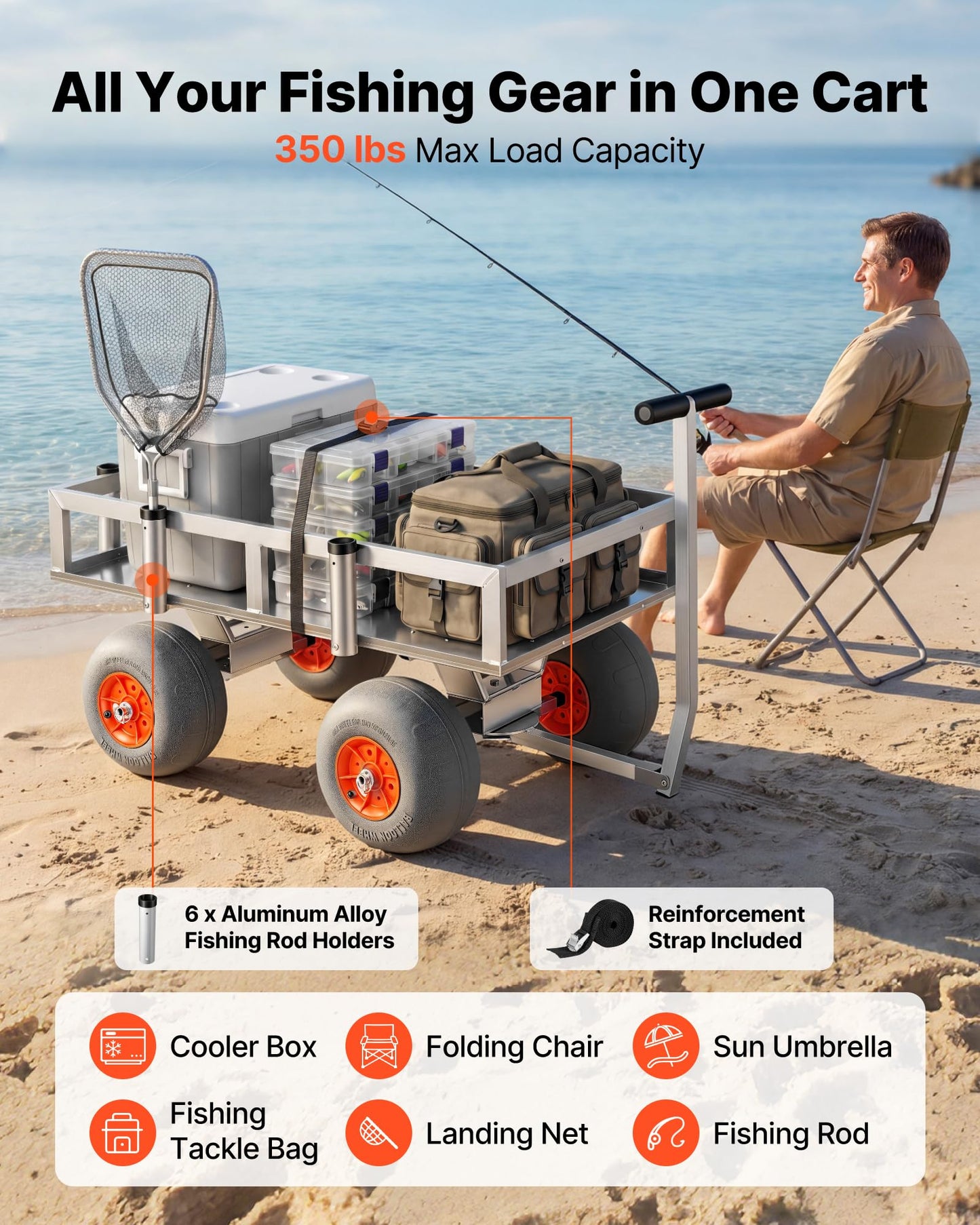 VEVOR Beach Fishing Cart, 350 lbs Load Capacity, Fishing Cart with Heavy-Duty Aluminum Alloy Frame, 13-Inch All-Terrain PU Balloon Tires, 6 Rod Holders, for Outdoor Activities Camping Picnic