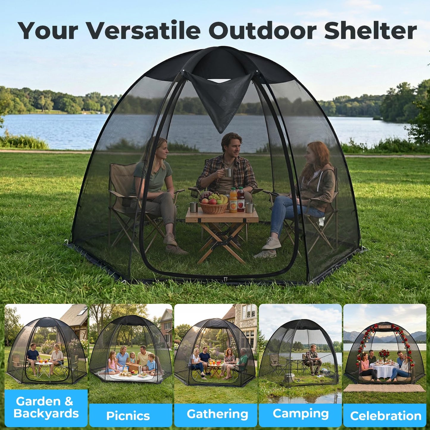 Alvantor® Pop Up Screen House Tent 10x10 FT, Snap-fit Black Mesh Screen Gazebo with Peaked Roof, Portable Screen Room Canopy Shelter with Sandbags for Camping, Backyard, Picnic