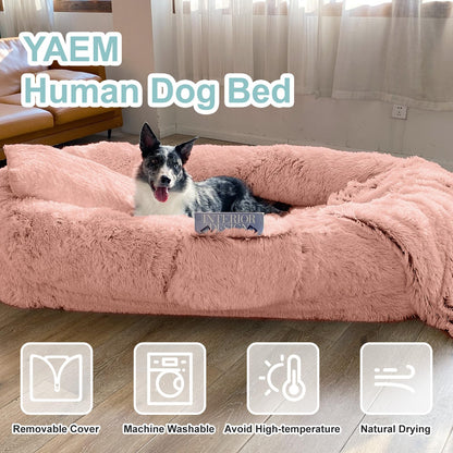 YAEM Pink Human Dog Bed, 71"x45"x12" Beds for Humans Size Fits You and Pets, Washable Faux Fur Bed People Doze Off, Napping Orthopedic Present Plump Pillow, Blanket