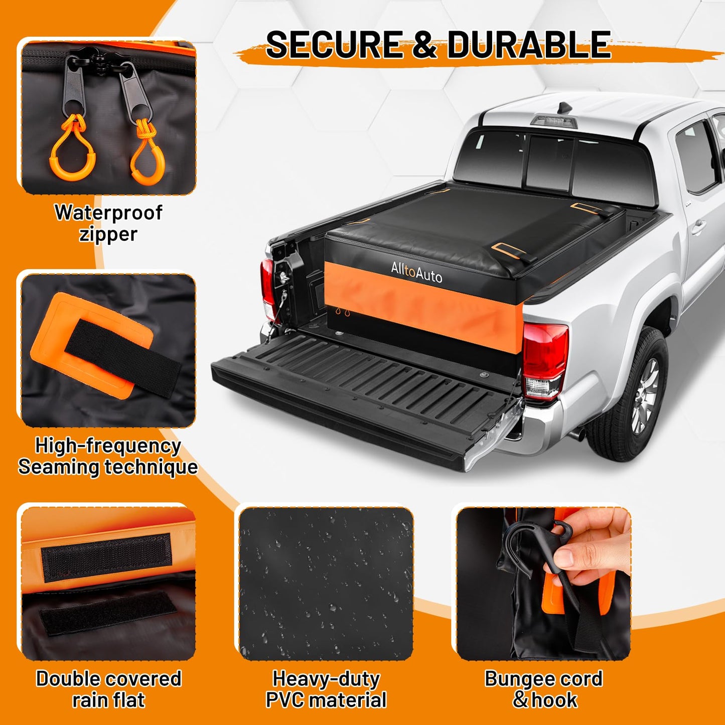 [Jumbo 38 CuFt] Truck Bed Cargo Bag, 100% Waterproof Heavy Duty Pickup Storage Bag (58"x49"x23"), Heat-Welded Seams & 3-Side Zipper, Fits Full-Size Trucks for Moving & Camping