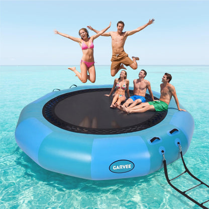 Inflatable Floating Dock, 12x12 ft PVC Round Water Trampoline, Floating Hammock for Pool Lake Ocean, Inflatable Hammock with 4-Step Rope Ladder & Electric Pump, Floating Platform for Adults and Kids