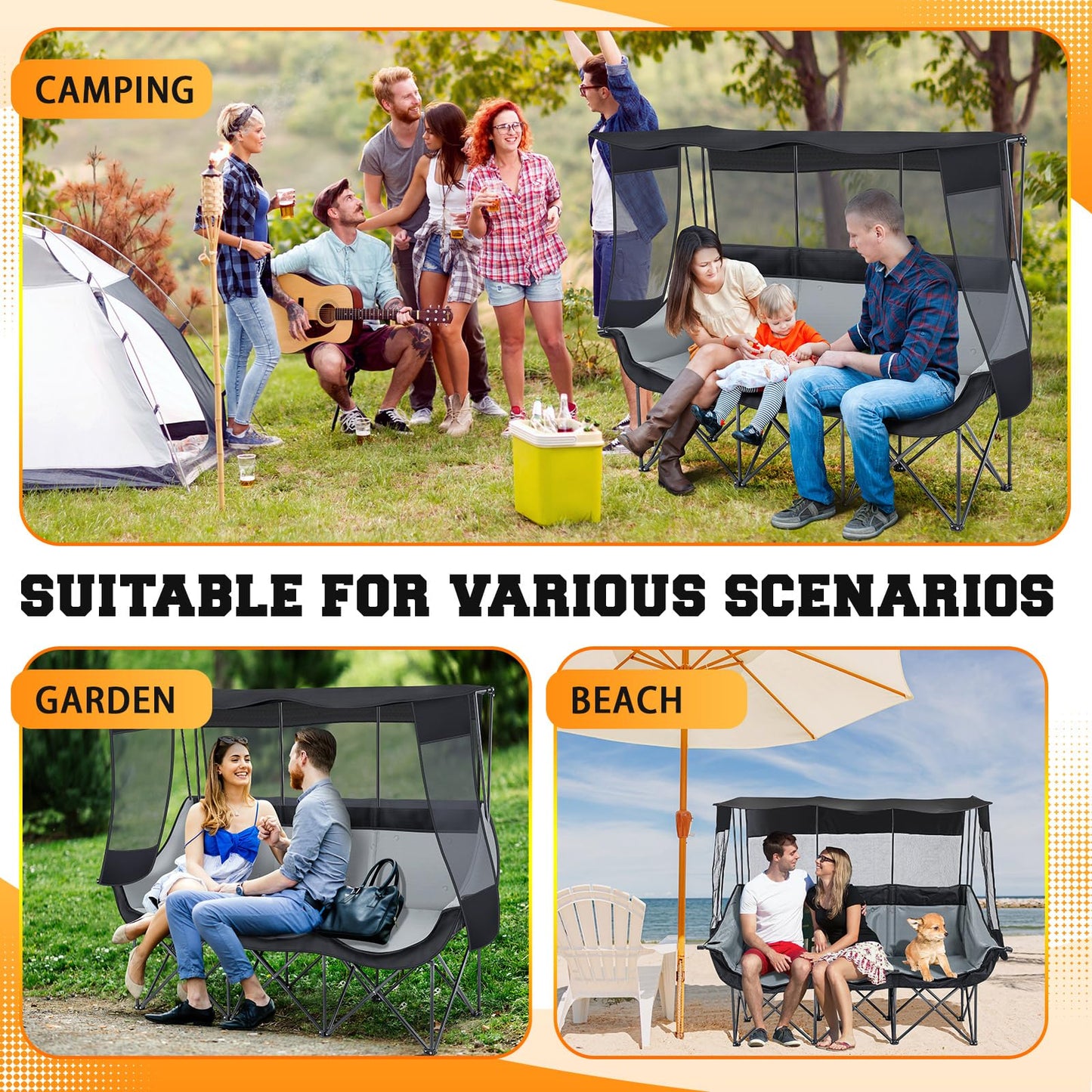 Teenyyou 3 Person Camping Chair with Canopy – Ultimate UV Sun Protection, 700lbs Heavy Duty Oversized Beach Chair, Foldable Portable Sofa with Cup Holder & Storage for Beach Lawn Outdoor(Black)