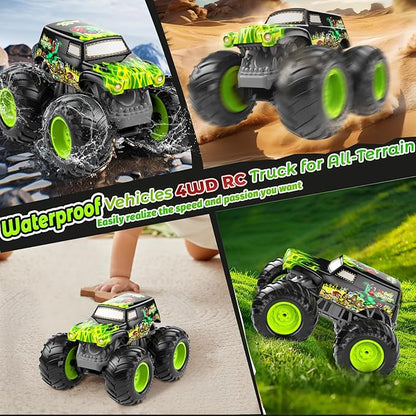 Amphibious Remote Control Monster Truck for Kids Self-Balancing 4WD Stunt RC Truck with Wheelie Action Waterproof All-Terrain Off-Road Big Tire Toy Car for Boys Girls Ages 6–12 Pool Gift