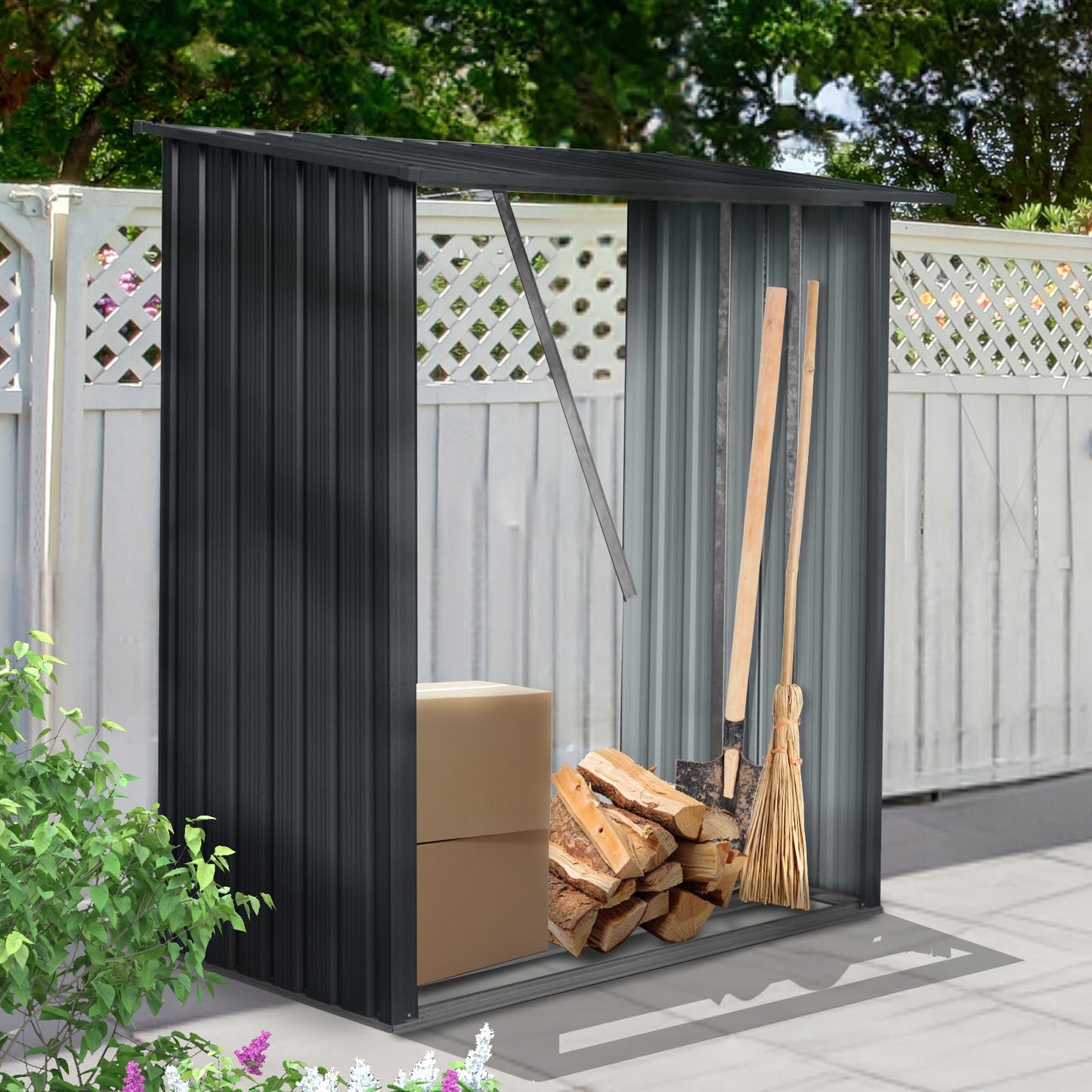 Ball & Cast 3X5 FT Outdoor Steel Firewood Rack Metal Storage Shed with Middle Stiffener and Reinforced Base,Multi-Functional Waterproof Cabinet W/Roof,for Equipment Machines,Black