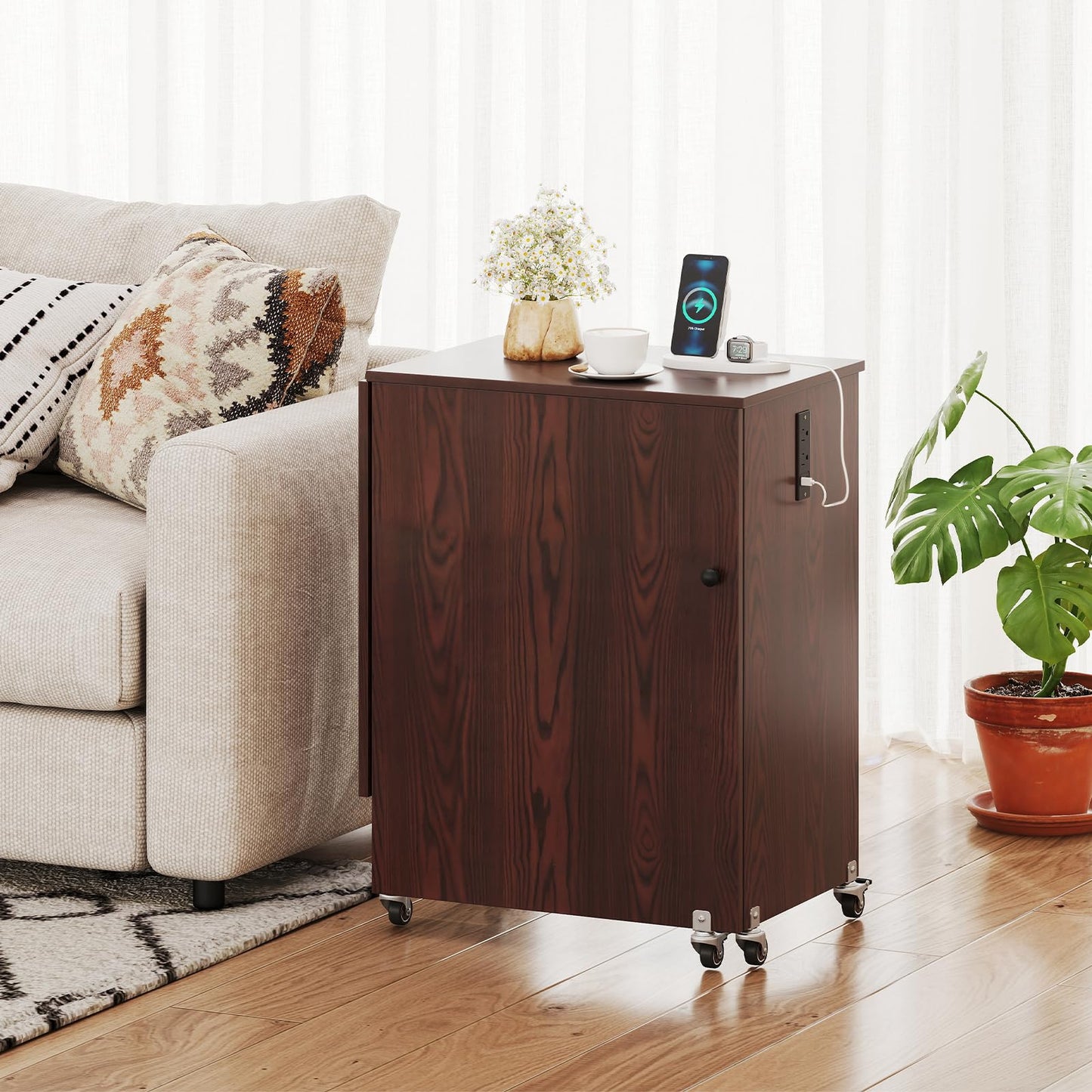 Nightcore Folding Sewing Table, Multipurpose Craft Table with Charging Station, Lockable Casters, Rack and Storage Shelves, Space-Saving Cart, Sewing Desk Cabinet for Living Room Home Studio