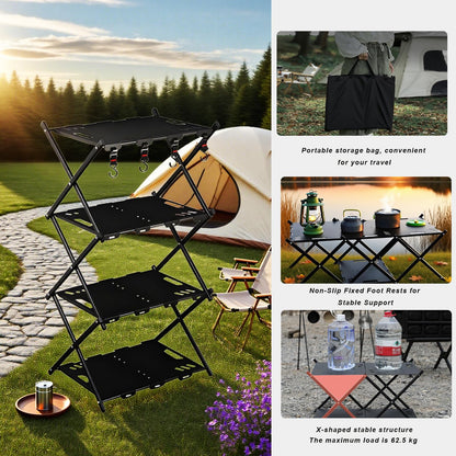 CGLRybO Folding Camping Table Portable Multi-Functional 4-Tier Picnic Rack Carbon Steel 37" with Storage Bag and 4 Hooks Indoor Outdoor, Heavy Duty, Portable, for Picnic, Party, Camping