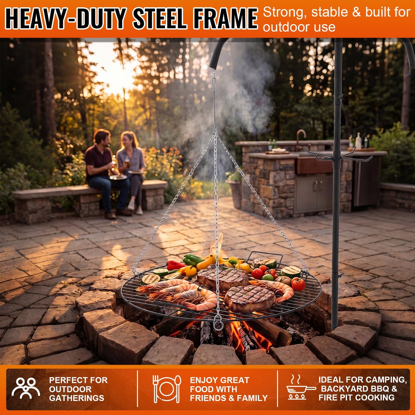 Ferrochef 22" Fire Pit Campfire Grill Grate, 22" Hanging Open Fire Cooking Grill Grate Portable Round Camping Cooking Barbecue Rack Heavy-Duty, Easy Setup & Adjustable Height for Outdoor Camping BBQ