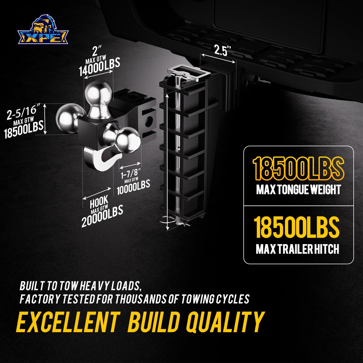 XPE Adjustable Trailer Hitch Fits 2.5-Inch Receiver, Heavy Duty Tow Hitches (18500 LBS GTW) 6 Inch Drop Truck Hitch Tri-Ball Mount with Hook (1-7/8" x 2" x 2-5/16")