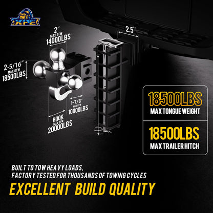 XPE Adjustable Trailer Hitch Fits 2.5-Inch Receiver, Heavy Duty Tow Hitches (18500 LBS GTW) 6 Inch Drop Truck Hitch Tri-Ball Mount with Hook (1-7/8" x 2" x 2-5/16")