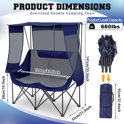 Teenyyou Double Camping Chair with Canopy - 2 Person Beach Chair with UV Sun Protection 660lbs Heavy Duty Foldable Loveseat with 2 Cup Holder & Storage Bag for Lawn Beach Outdoor Sport(Blue and Grey)