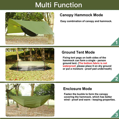 3-in-1 Camping Hammock Tent with Rain Fly, Quick-Zip Door & Curved Poles – Lightweight Shelter with Mosquito Net